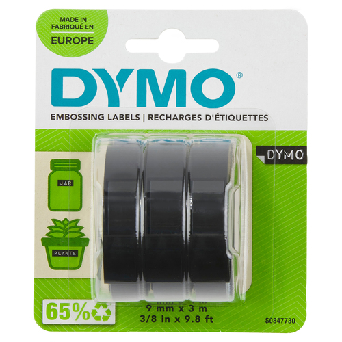 Лента для механических принтеров DYMO Omega, 9 мм х 3м, пластиковая черная, шрифт белый, 3 шт. в блистере (Original)