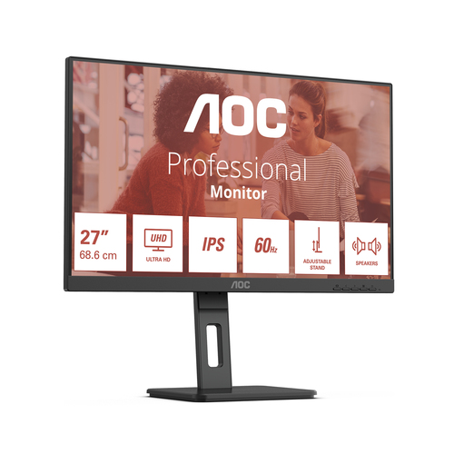 Монитор 27" AOC U27E3UF IPS 3840x2160, 60 Гц, 4 мс, 16:9, 350 кд/м², 2xHDMI 2.0, DP 1.4, 3.5 Jack, динамики (2x2 Вт), USB Hub (4x USB 3.2 Gen 1), HDR10, Adaptive-Sync, черный