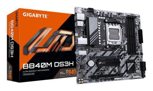 Материнская плата Gigabyte B840M DS3H Socket AM5 AMD B840 4xDDR5-5200 HDMI+DP+DP 2xPCI-Ex16 4xSATA3(RAID 0/1/10) 2xM.2 8 Ch Audio 1x2,5GLan (4+4)xUSB2.0 (2+2)xUSB3.2 (1+1)xUSB Type-C™ 1xPS/2 mATX RTL