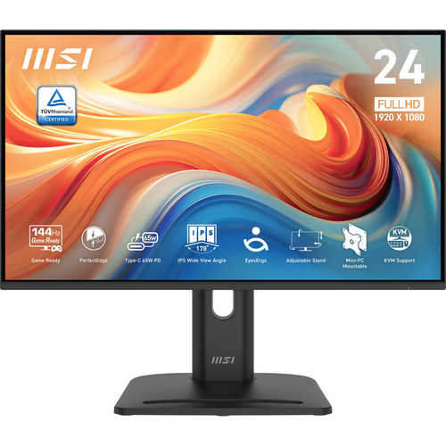 Монитор 23.8" MSI PRO MP245PHG E14 IPS, 1920x1080, 144Hz, 4ms, 300сd/m, 1500:1, HDR | HDMI(2.0), DP(1.2a), Type-C(PD-65W), 2xUSB3.2 | HAS, Pivot, Swivel, InPSU, Speakers, Vesa 100, Black (9S6-3PE69M-014)
