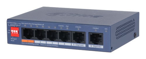 DH-CS4006-4ET2GT-60 4-портовый PoE коммутатор с функцией облачного управления. Порты: 4 RJ45 10/100Мбит/с (PoE/PoE+/Hi-PoE), 2 RJ45 10/100/1000Мбит/с (uplink); мощность PoE: порт 1 до 60Вт, порты 2~4 до 30Вт, суммарно до 60Вт; PoE watchdog, передача до 250м; питание: 53В(DC).