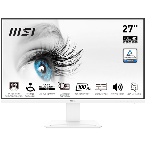 Монитор MSI PRO MP273AW 27" 16:9 FHD(1920x1080)IPS Flat,5ms(GTG),1000:1,100M:1,300nit,178/178,1xHDMI ,1xDP, 1*D-Sub (VGA) ,Tilt,VESA,100Hz,1y w-ty, White