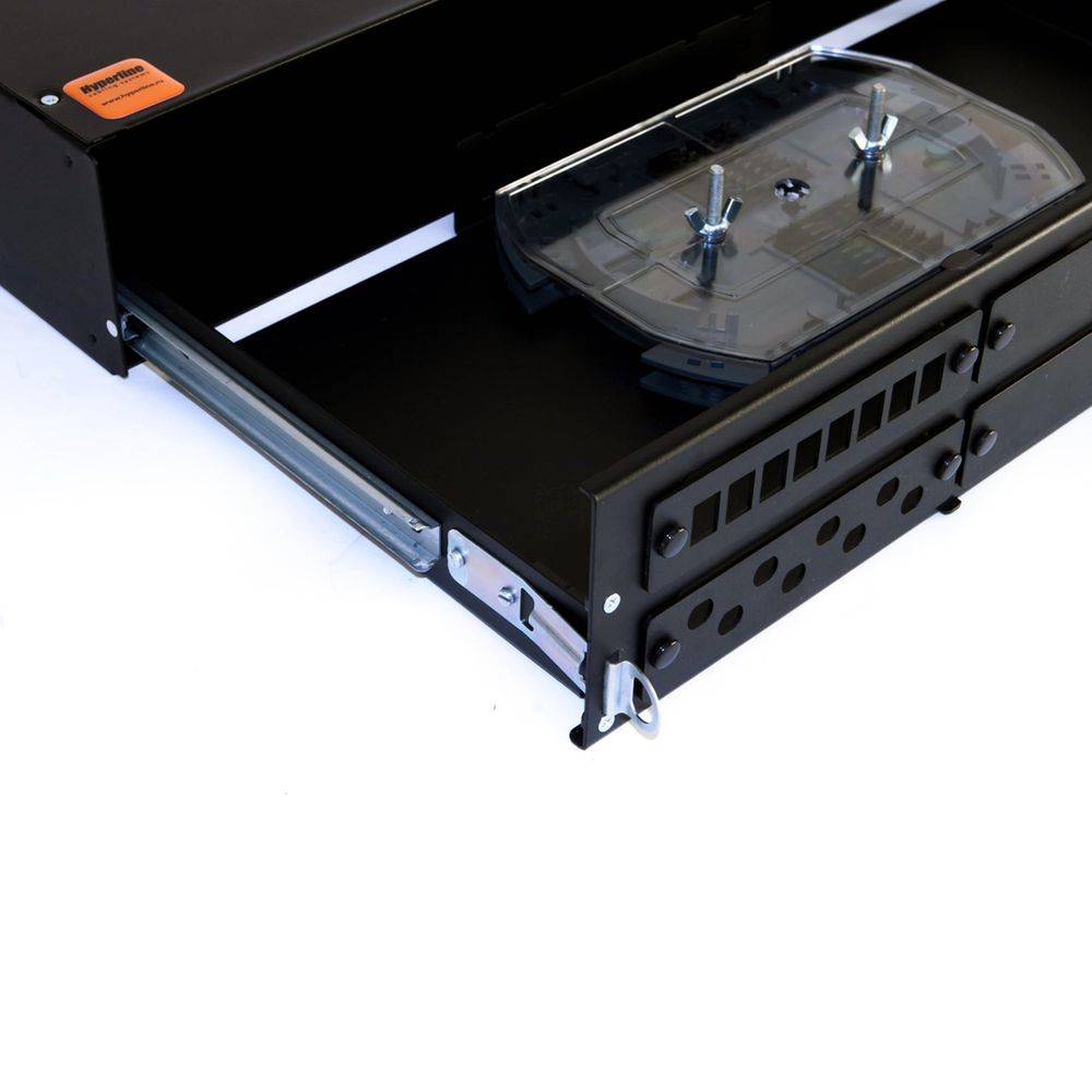 HYPERLINE Бокс оптический FO-19V-2U-6xSLT-W130H30-48UN-BK Бокс оптический универсальный 19" выдвижной, с полкой, от 8 до 48 портов , со сплайс пластиной, без пигтейлов и проходных адаптеров, 2U, черный