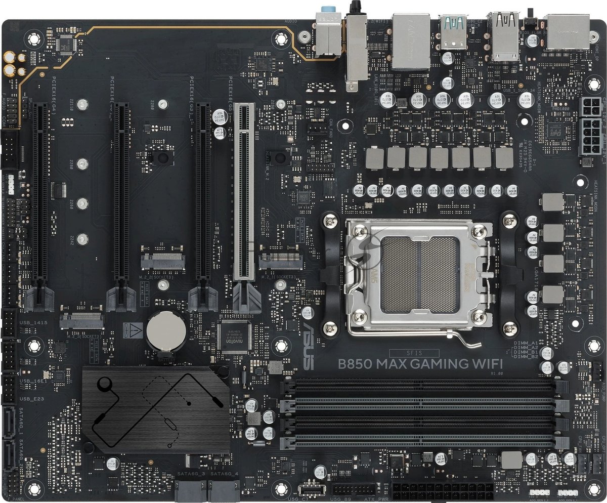 Материнская плата ASUS B850 MAX GAMING WIFI, AM5, AMD B850, 4xDDR5, 4xSATA, 3xM.2, 1xPCIe 5.0 x16, 1xPCIe 4.0 x16, 2xPCIe 3.0 x16, 1xHDMI, 1xDisplayPort, 1x 2.5Gb LAN, 4xUSB 3.2 Gen2, 2xUSB 3.2 Gen1, 2xUSB 2.0, 3x3.5 мм, 7.1, ATX