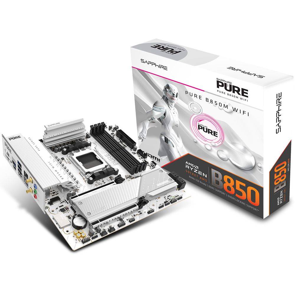 Sapphire B850M PURE WIFI B850, , 4*DDR5, 2*PCIEx16, 2*M.2, 2*TypeC, 3*USB3.2Gen2, 2*USB3.2Gen1, 6*USB2.0, 4*SATA3.0, 2.5G, DP, HDMI, M-ATX, RTL