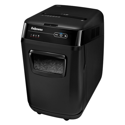 Fellowes® Шредер AutoMax® 200C (автоподача 200 листов), 32 литр, 4х38 мм (класс 4), автореверс, скобы/скрепки/карты/CD.