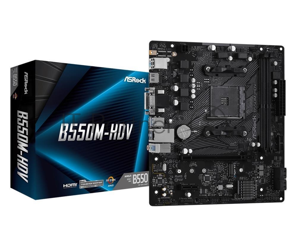 Материнская плата ASRock B550M-HDV, AM4, AMD B550, 2xDDR4, 4xSATA, 1xM.2, 1xPCIe 4.0 x16, 1xDVI-D, 1xHDMI, 1xVGA, 1x 1Gb LAN, 3x3.5 мм, 7.1, mATX