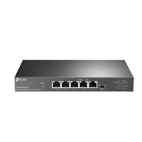 TP-link, 5-портовый настольный 2.5G коммутатор с 4 портами PoE++. Порты: 4 х порта 2.5 Гбит/с PoE++, 1 х порт 2.5 Гбит/с без PoE. Спецификация: 802.3af/at/bt type3, бюджет PoE 123 Вт,  настольный металлический корпус. Особенности: автовосстановление РоЕ для портов 1-4, не требует настройки
