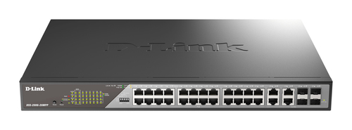D-Link DSS-200G-28MP/A1A Настраиваемый L2 коммутатор с 24 портами 10/100/1000Base-T и 4 комбо-портами 100/1000Base-T/SFP (24 порта PoE 802.3af/at, PoE-бюджет 370 Вт, дальность до 250 м)