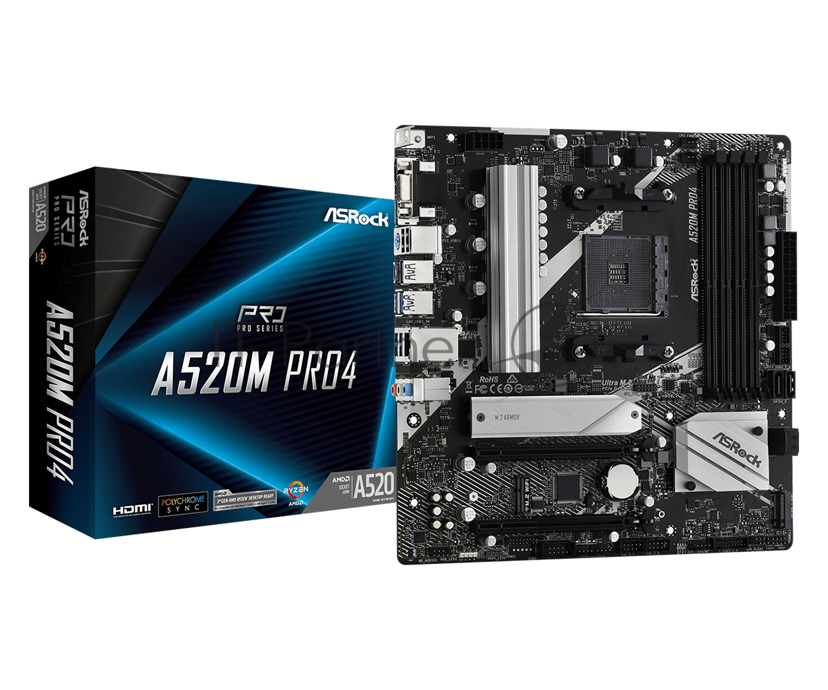Материнская плата ASRock A520M Pro4, AM4, AMD A520, 4xDDR4, 4xSATA, 2xM.2, 1xPCIe 3.0 x16, DisplayPort, HDMI, D-Sub, 1x1Gb LAN, 3x3.5 мм, 7.1, microATX