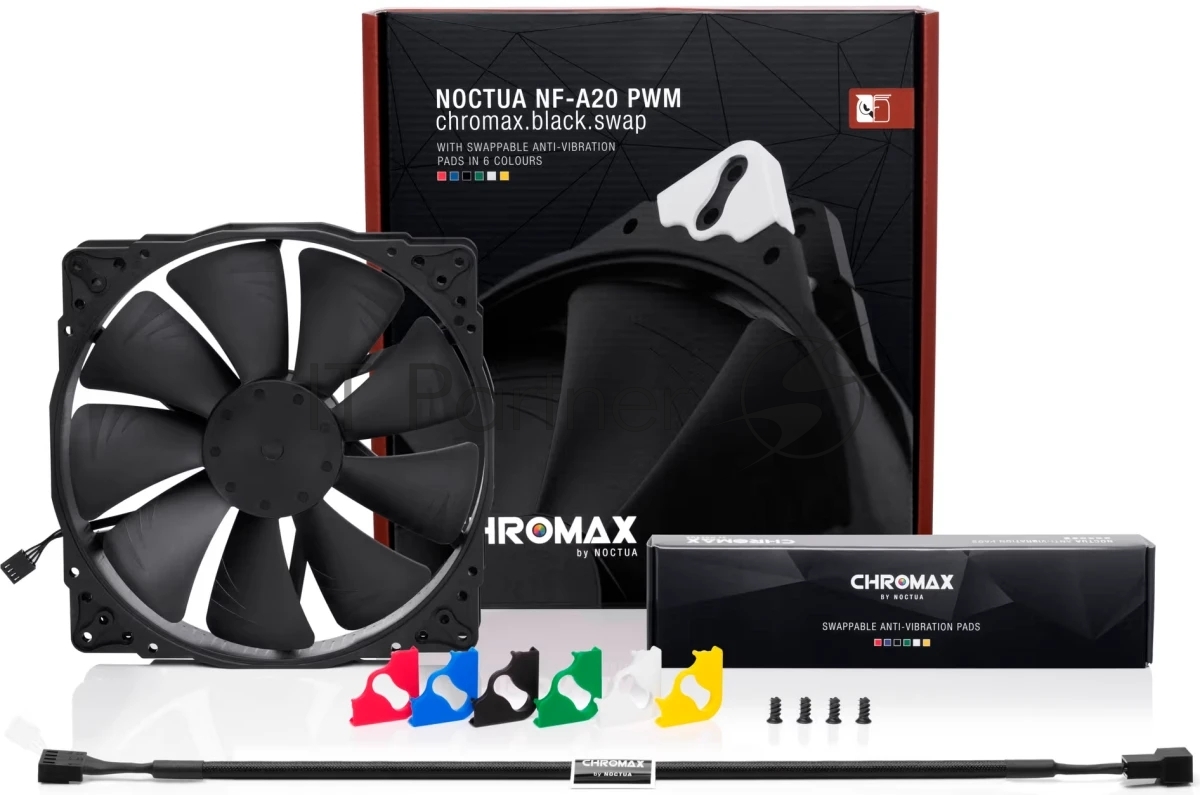 Вентилятор корпусной Noctua NF-A20 PWM chromax.black, 200 мм, 350-800 об/мин, 18.1 дБ, 4-pin PWM, без подсветки, черный