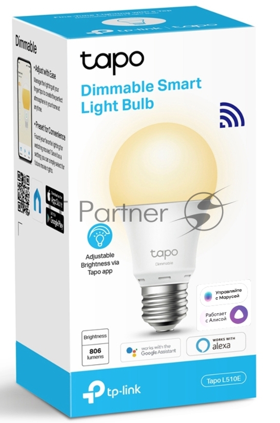 Умная Wi-Fi лампа TP-Link WiFi Bulb, A60 size, E27, 8.7W, 2700K warm white, 800 lumens