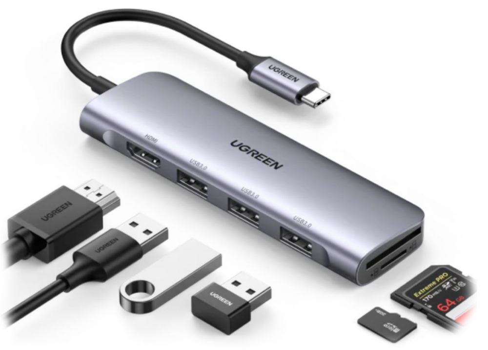 45521_ Конвертер UGREEN CM511 (45521) 7-in-1 4K@60Hz USB-C To HDMI+2xUSB-C 3.2+1xUSB-A  3.2+SD/TF+PD  Converter.  Цвет: се