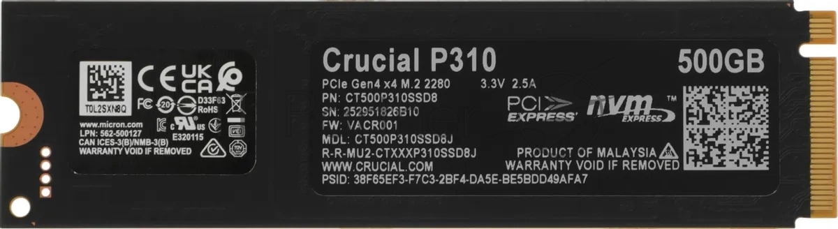 Накопитель SSD Crucial P310 500GB M.2 2280 NVMe PCIe Gen 4, 6000MB/s-Read, 3500-MB/s-Write), OEM