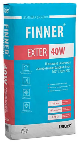 Шпатлевка цементная армированная базовая белая FINNER® EXTER 40 W, мешок 25 кг