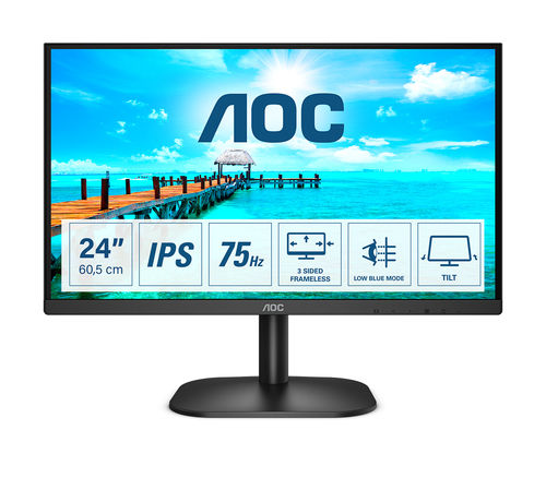 24B2XDA/01 - Монитор жидкокристаллический AOC 24B2XDA/01 LCD 23.8'' 16:9 1920х1080(FHD) IPS, nonGLARE, 75 Hz, 250 cd/m2, H178°/V178°, 1000:1, 20М:1, 16.7M, 4ms, VGA, DVI, HDMI, Tilt, Speakers, 3Y, Black