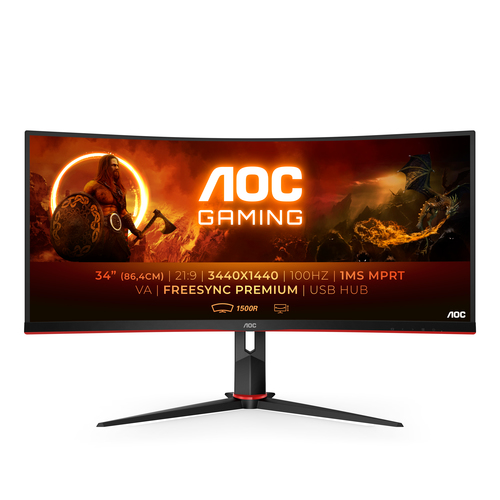 МОНИТОР 34" AOC CU34G2 Black-Red (VA, изогнутый, 3440x1440, 100Hz, 1 ms, 178°/178°, 300 cd/m, 80M:1, +2xHDMI 2.0, +DisplayPort 1.2, +4xUSB 3.0, +регулировка по высоте, AMD FreeSync™) (CU34G2)