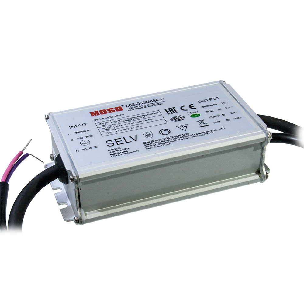 MOSO X6E-050M084-G, LED драйвер, 50Вт, вых 0.6-1.05А 42-84В DC, изолир, 0-10V, металл, IP67