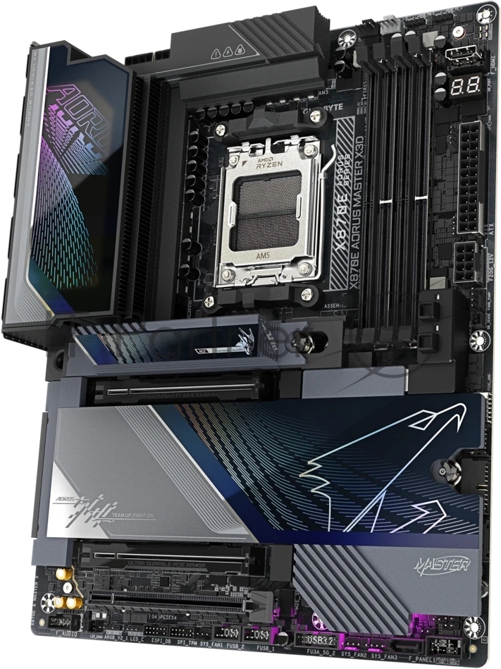 Материнская плата Gigabyte X870E AORUS MASTER X, AM5, AMD X870E, 4xDDR5 (до 9000 МГц, до 256 ГБ), 2xSATA, 5xM.2 (2xPCIe 5.0, 2xPCIe 4.0 x4, 1xPCIe 4.0 x2), 2xPCIe 5.0 x16, 1xPCIe 4.0 x16, 1xHDMI, 1x10Gb LAN + 1x5Gb LAN, Wi-Fi 7, Bluetooth 5.4, 2xUSB-C 40Gbps (USB4), 1xUSB-C 20Gbps, 1xUSB-C 10Gbps, 7xUSB-A 10Gbps, 3x3.5 мм + S/PDIF оптический, 7.1, с подсветкой, чёрный, ATX