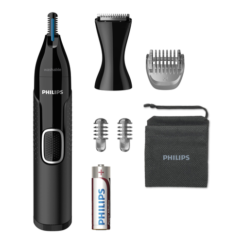 Триммер Philips для носа и ушей, черный, корпус - пластик, 3 насадки-гребня, насадка - триммер, щеточка для очистки, мягкий чехол, батарейка