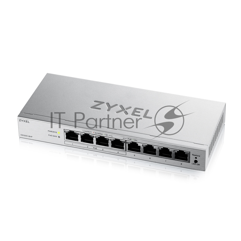 Коммутатор ZYXEL GS1200-8HPV3-EU0101F, 8×1 Гбит/с, 4×PoE+, 68 Вт, управляемый