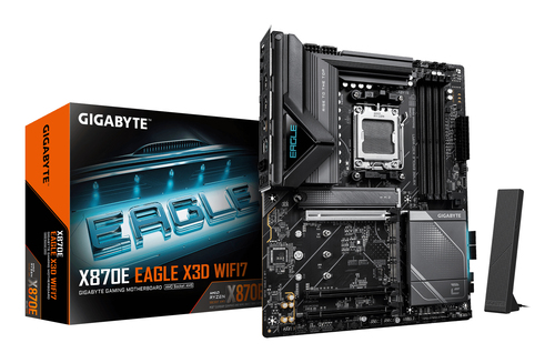 Материнская плата Gigabyte X870E EAGLE X3D WIFI7, AM5, AMD X870E, 4xDDR5, 4xSATA, 4xM.2, 1xPCIe 5.0 x16, 1xPCIe 4.0 x16, 1xPCIe 3.0 x16, 1xHDMI, 1x5Gb LAN, Wi-Fi 7, Bluetooth 5.4, 2xUSB-C 40Gbps (USB4), 1xUSB-C 10Gbps, 4xUSB-A 10Gbps, 4xUSB-A 5Gbps, 3x3.5 мм + S/PDIF оптический, 7.1, чёрный, с подсветкой, ATX