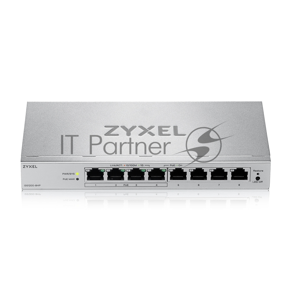 Коммутатор ZYXEL GS1200-8HPV3-EU0101F, 8×1 Гбит/с, 4×PoE+, 68 Вт, управляемый