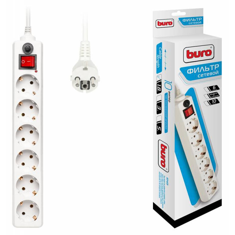 1,8м BURO 600SH-1.8-W (6 розеток) белый