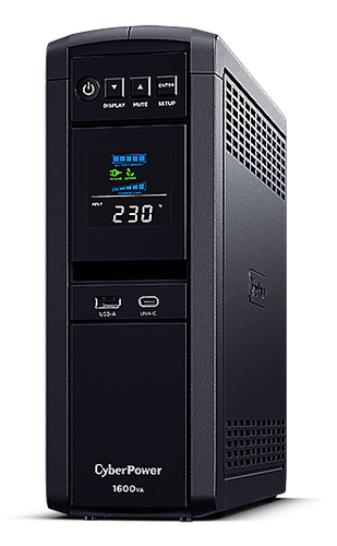 CP1600EPFCLCD - Источник бесперебойного питания, CyberPower, CP1600EPFCLCD, Мощность 1600ВА/1000Вт, CPPFC-серия, Линейно-интерактивный, Напольный, Color LCD/RS-232/USB-A*1/USB-C*1/RJ11/RJ45, AVR: 165-265В, АКБ 12В/8,5Ач*2 шт., Вых: 6xSchuko, Чёрный