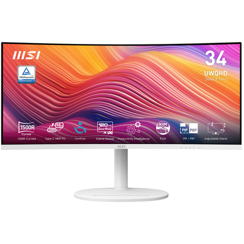 Монитор MSI Modern MD342CQPW 34" 21:9 UWQHD(3440x1440) VA Curve 1500R,1ms(MPRT),3000:1,100M:1,300nit,2*HDMI,1*DP,2xUSB Type-A,USB Type-B,USB Type-C,Speaker,Tilt,Swivel,Height,120Hz,White(white cable),1y w-ty