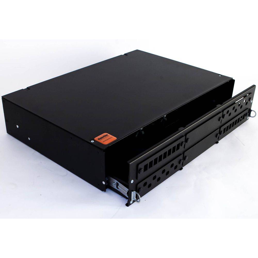 HYPERLINE Бокс оптический FO-19V-2U-6xSLT-W130H30-48UN-BK Бокс оптический универсальный 19" выдвижной, с полкой, от 8 до 48 портов , со сплайс пластиной, без пигтейлов и проходных адаптеров, 2U, черный