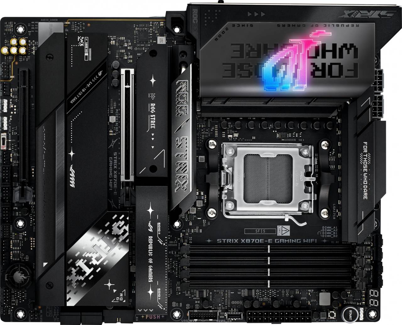 ASUS ROG STRIX X870E-E GAMING WIFI (Socket AM5, ATX, 4xDDR5(192GB), HDMI, 1xPCIe 5.0x16/1xPCIe 4.0x16, 1xLAN (5GbE), Wi-Fi 7, BT 5.4, 4xSATA 6Gb/s, 5xM.2, 2xType-C, 9xUSB 3.2)