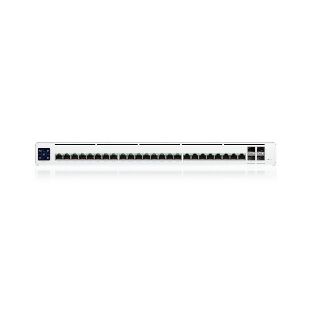 UISP-S-Pro - Сетевой коммутатор, Ubiquiti, UISP-S-Pro, UISP Switch, управляемый L2, 24 порта 100/100/1000 Mbps RJ-45 (LAN1–16 с пассивным PoE 27В), uplink/downlink, сенсорный ЖК-дисплей, Passive PoE, бюджет 220Вт, 4 порта SFP+ , Стоечный