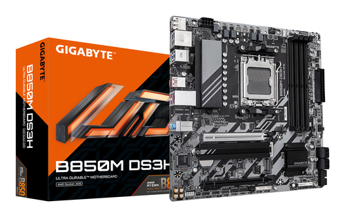 Материнская плата Gigabyte Bad Pack B850M DS3H, Socket AM5, AMD B850, 4xDDR5-5200, HDMI+DP+DP, 2xPCI-Ex16, 4xSATA3(RAID 0/1/10), 2xM.2, 8 Ch Audio, 1x2,5GLan, (4+4)xUSB2.0, (3+2)xUSB3.2, (1+1)xUSB Type-C™, 1xPS/2, mATX, RTL