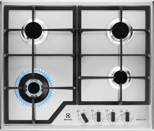 Встраиваемые газовые панели ELECTROLUX/ Газовая варочная поверхность -нержавеющая сталь, мощность: 8550 Вт, WOK-конфорка, автоматический электроподжиг, газ-контроль, решетки: чугун, независимая установка, размеры (ШхГ): 59.5x51 см