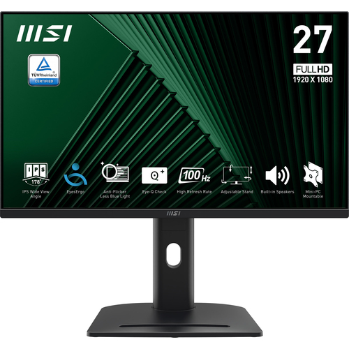 Монитор MSI PRO MP275PG 27" 16:9 FHD(1920x1080), IPS Flat, 1ms(MPRT), 1300:1, 100M:1, 300nits, 178/178, HDMI 1.4b, DP 1.2a, VGA, Speaker, Tilt, Swivel, Height, Pivot, 100HZ, Black, 1y war-ty