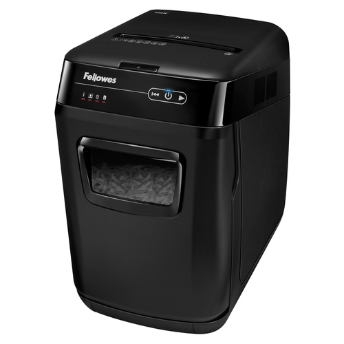 Fellowes Шредер AutoMax 150C FS-46801(01/02)*  {(секр.P-4)/фрагменты 4x38 мм,/150лист./32лтр./Уничт:скрепки, скобы, пл.карты,CD диски}