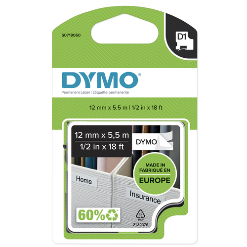 Картридж с полиэст. лентой DYMO 12мм х 5,5м. с постоян.клеем, выдерживает экстремальные темп-ры, черный на белой ленте (S0718060)