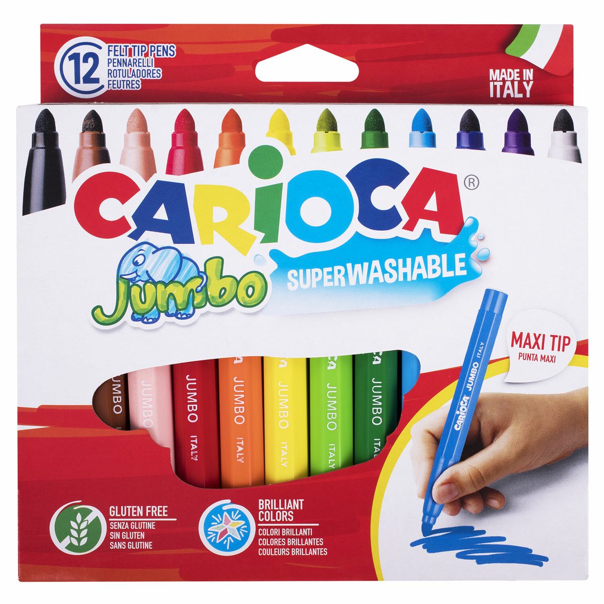 Набор фломастеров 12 цветов Carioca Jumbo Maxi (линия 4мм, смываемые, утолщенные) картон.уп. (40569), 48 уп.