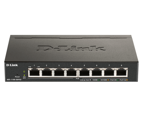 DGS-1100-08PV2/A4A - Коммутатор, D-Link, DGS-1100-08PV2/A4A, Управляемый L2 PoE-коммутатор, 8х1000Base-T PoE, PoE-бюджет 64 Вт, Web-интерфейс, SNMP