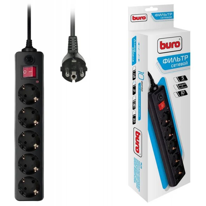 3,0м BURO 500SH-3-B (5 розеток) черный