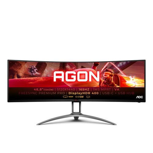 Монитор AOC 48.8", VA, UltraWide, 5120х1440, изогнутый, 4 мс, 165 Гц, AMD FreeSync Premium Pro, nVidia G-Sync Compatible, 400 кд/м2, 178°/178°, 3xHDMI, DisplayPort, USB Type-C, динамики, чёрный