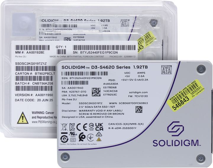 SSD 1.92 Tb SATA 6Gb/s Intel/Solidigm D3-S4620 Series <SSDSC2KG019TZ01/SSDSC2KG019TZ1Z>  2.5" 3D TLC