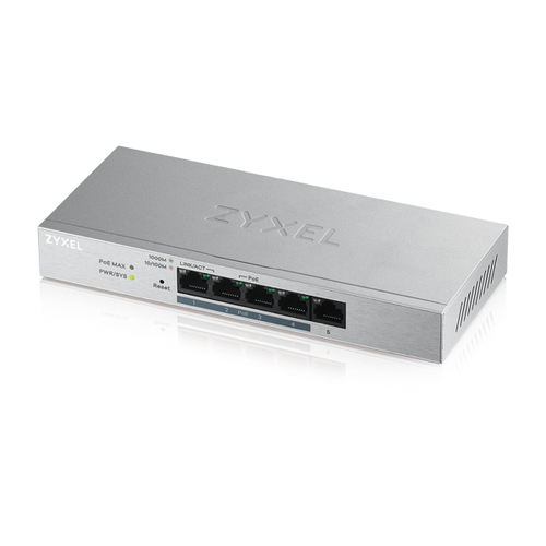 Zyxel коммутатор Gigabit Ethernet управляемый с РоЕ; 5 портов RJ-45 10/100/1000 Мбит/с; 4 порта РоЕ IEEE 802.3af/at; РоЕ бюджет 60 Вт; VLAN, IGMP, QoS и Link Aggregation; DC 55 В; 72 Вт; 0…+40 °С; 193x84x26 мм. Бесшумный.
