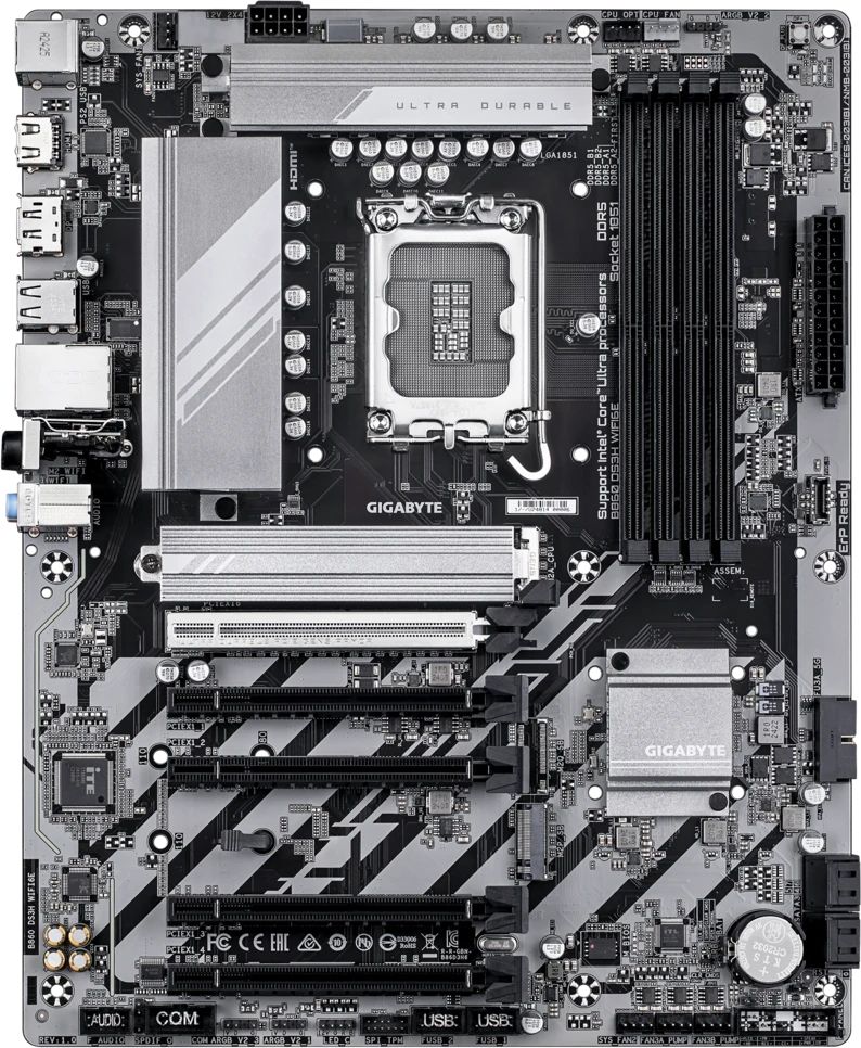 Материнская плата GIGABYTE B860 DS3H WIFI6E, LGA1851, B860, 4*DDR5, 4*SATA, 2*M.2,USB 3.2, 4*USB 2.0, Type-C, 5*PCIx16, HDMI+DP, ATX