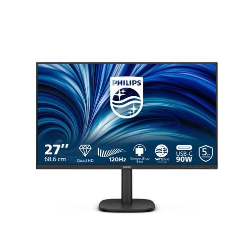 Монитор 27" Philips 27B2U3601 2560x1440, WLED, 16:9, IPS, 350cd, 1500:1, 4ms, 50M:1, 178/178, HDMI, DP, USB Hub, 4*USB3.2 USB-C(PD90W), RJ45, Speakers, 120Hz, Tilt, HAS, Swivel, Pivot, Internal, VESA, Black,