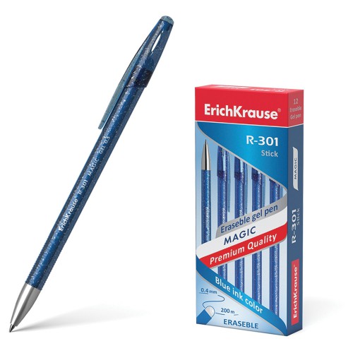 Ручка стираемая гелевая Erich Krause "R-301 Magic Gel", синяя, корпус синий, узел 0,5 мм, линия пись