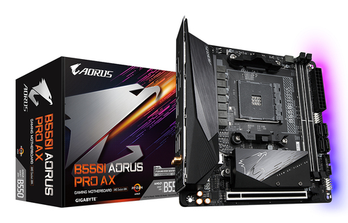 Материнская плата Gigabyte B550I AORUS PRO AX, Socket AM4, AMD B550, 2xDDR4-3200, HDMI+HDMI+DP, 1xPCI-Ex16, 4xSATA3(RAID 0,1,10), 2xM.2, 8 Ch Audio, 1x2,5GLan, WiFi, (0+2)xUSB2.0, (5+2)xUSB3.2, (1+0)xUSB 3.2 Type-C™, Mini-ITX, RTL {10} (809508)