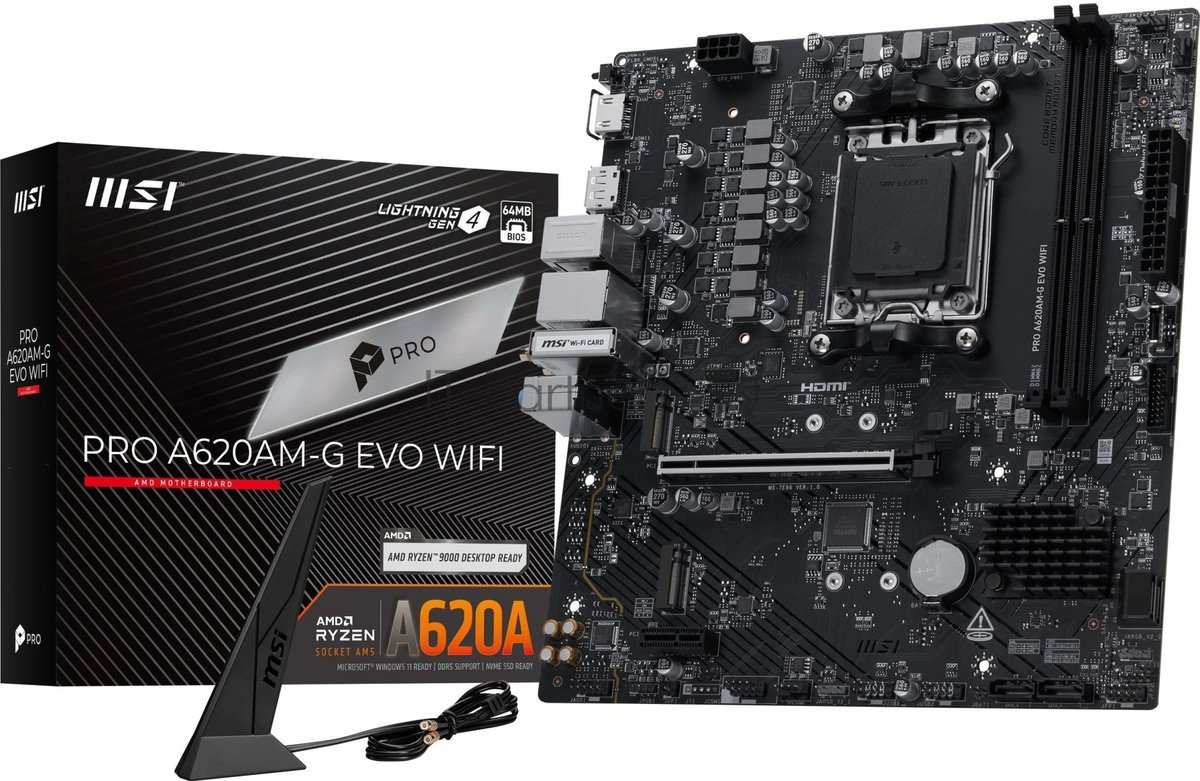 Материнская плата MSI PRO A620AM-G EVO WIFI, AM5, AMD A620A, 2xDDR5, 4xSATA, 2xM.2, 1xPCIe 4.0 x16, 1xPCIe 3.0 x1, 1xHDMI, 1xDisplayPort, 1x 2.5Gb LAN, 4xUSB 5Gbps Type-A, 2xUSB 2.0, 3x3.5 мм, 7.1, microATX