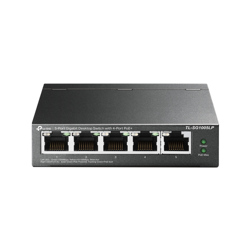 TP-Link 5-Port Gigabit Desktop Switch with 4-Port PoE+ . PORT: 4× Gigabit PoE+ Ports, 1× Gigabit Non-PoE Port. SPEC: 802.3af/at, 40 W PoE Power, Desktop Steel Case. FEATURE: Plug and Play (SG1005LP)
